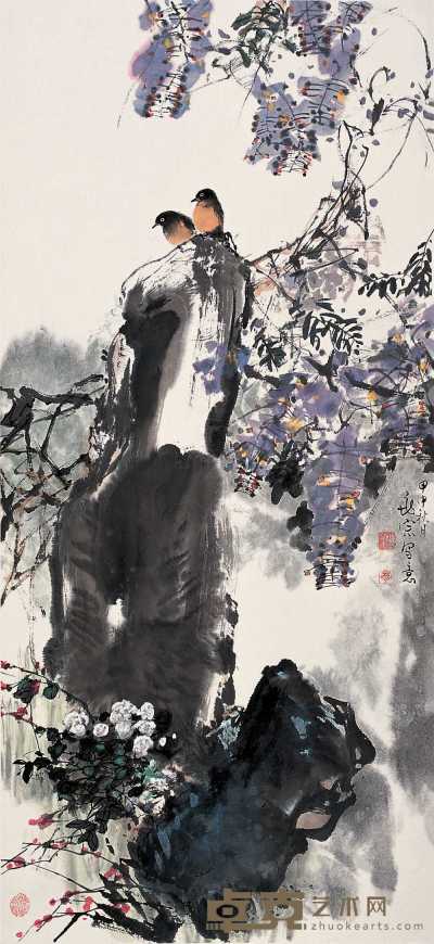 李兆宗 甲申(2004年)作 紫藤小鸟 镜心 96×44cm